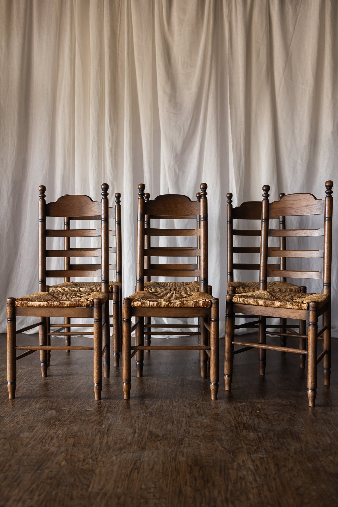 Set of 6 French Oak Rush Seat Dining Chairs