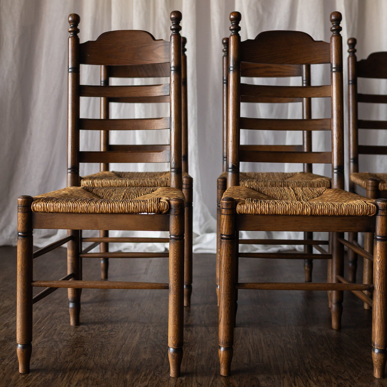 Set of 6 French Oak Rush Seat Dining Chairs
