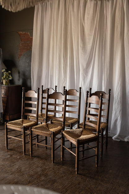 Set of 6 French Oak Rush Seat Dining Chairs