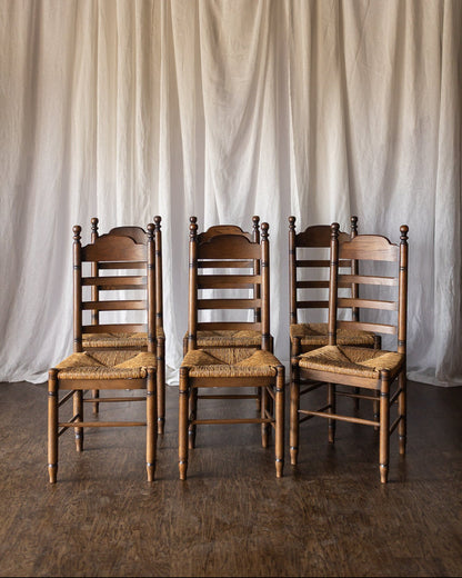 Set of 6 French Oak Rush Seat Dining Chairs