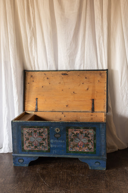 Antique Hand Painted Chest in Blue with Floral Motifs