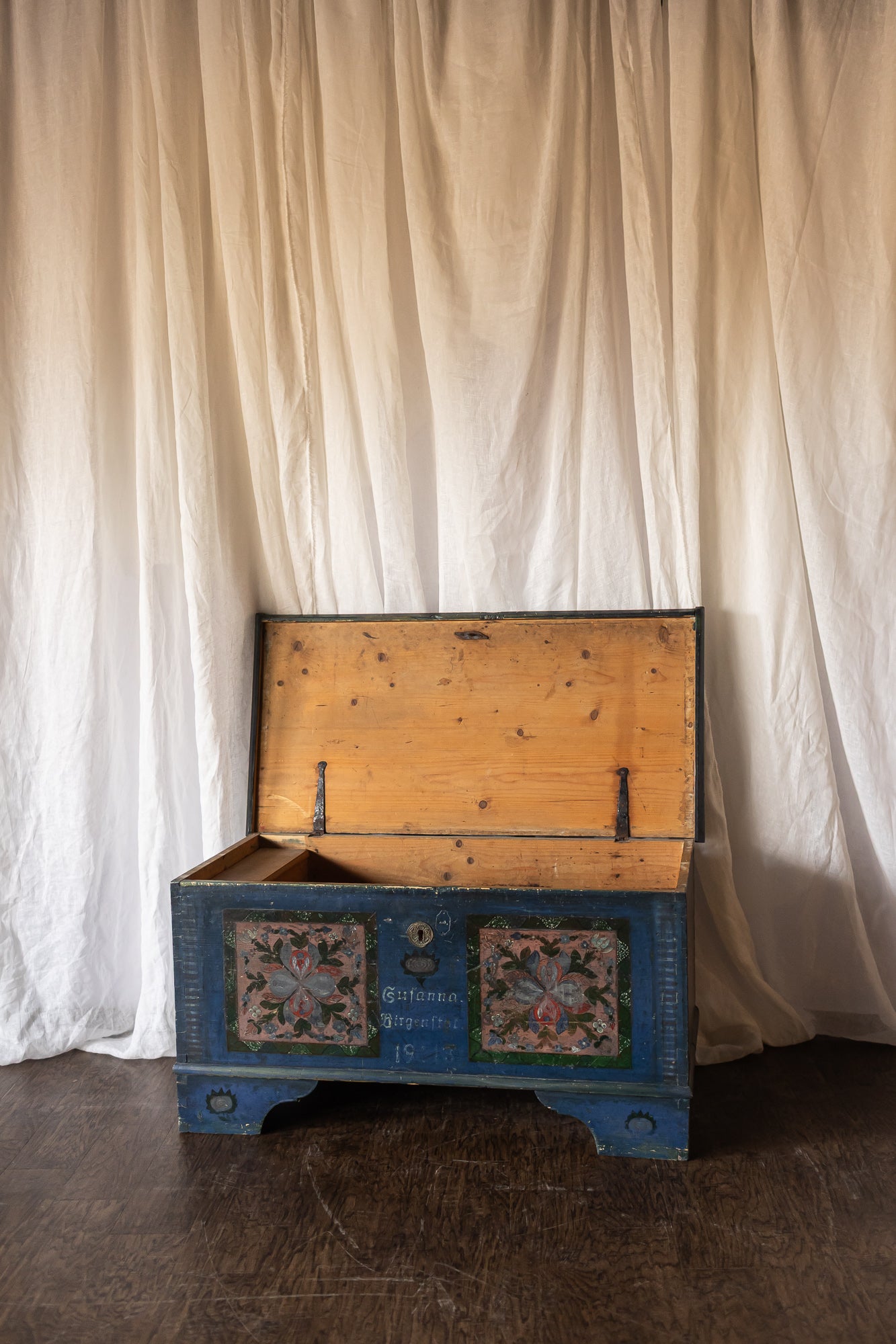 Antique Hand Painted Chest in Blue with Floral Motifs