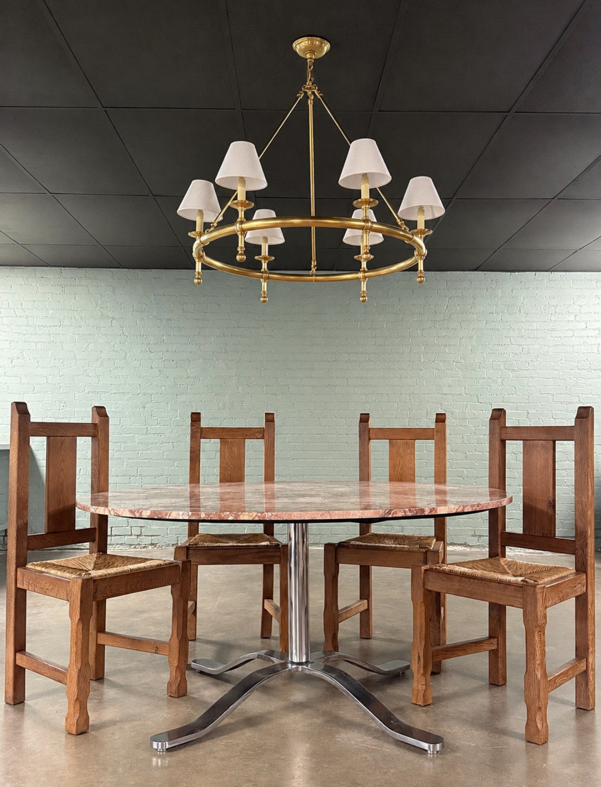 Mid-Century Modern Marble Dining Table with Chrome Pedestal Base