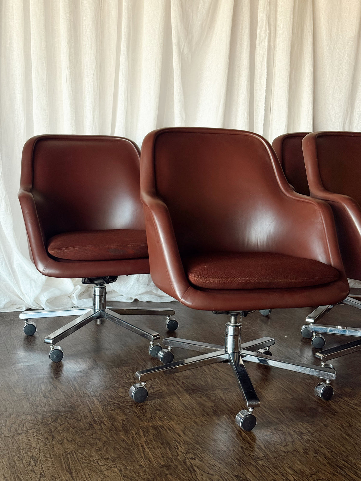 Set of Four Mid-Century Modern Brown Chairs with Chrome Base