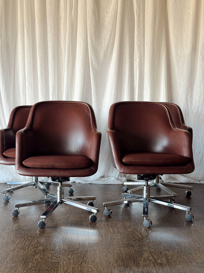 Set of Four Mid-Century Modern Brown Chairs with Chrome Base