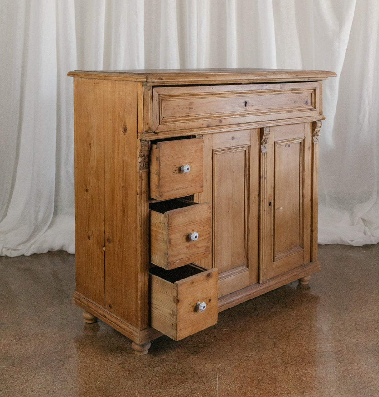 Antique Pine Sideboard with Drawers and Cabinet Doors