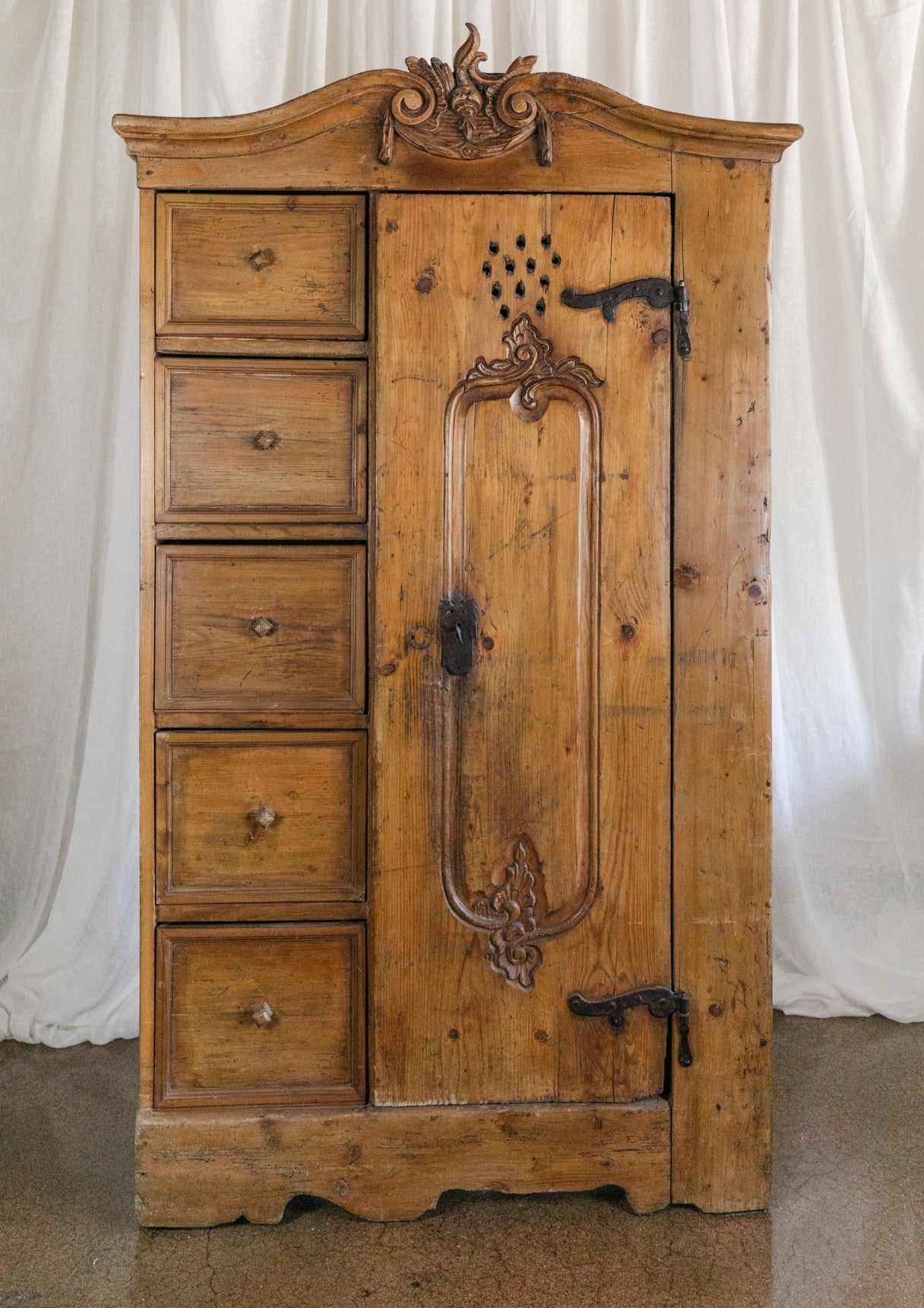 Antique European Pine Cabinet with Drawers and Carved Crest