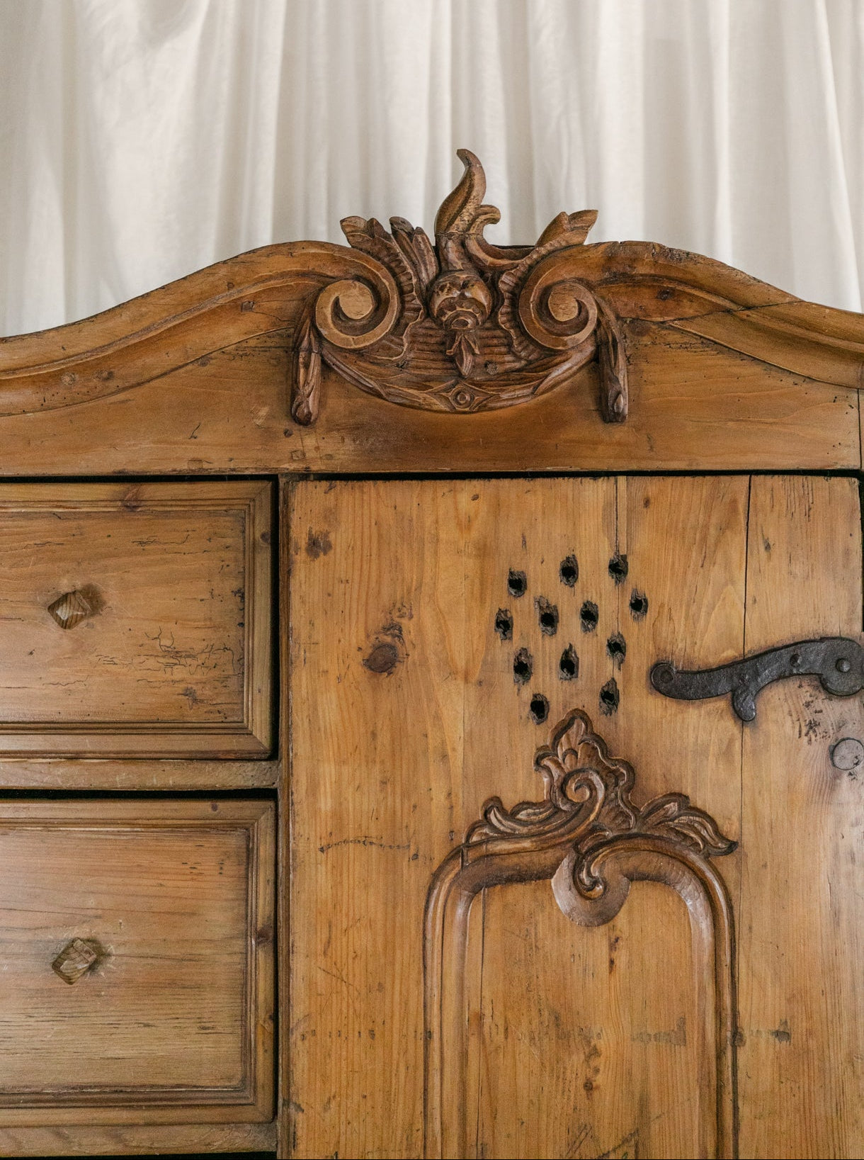 Antique European Pine Cabinet with Drawers and Carved Crest