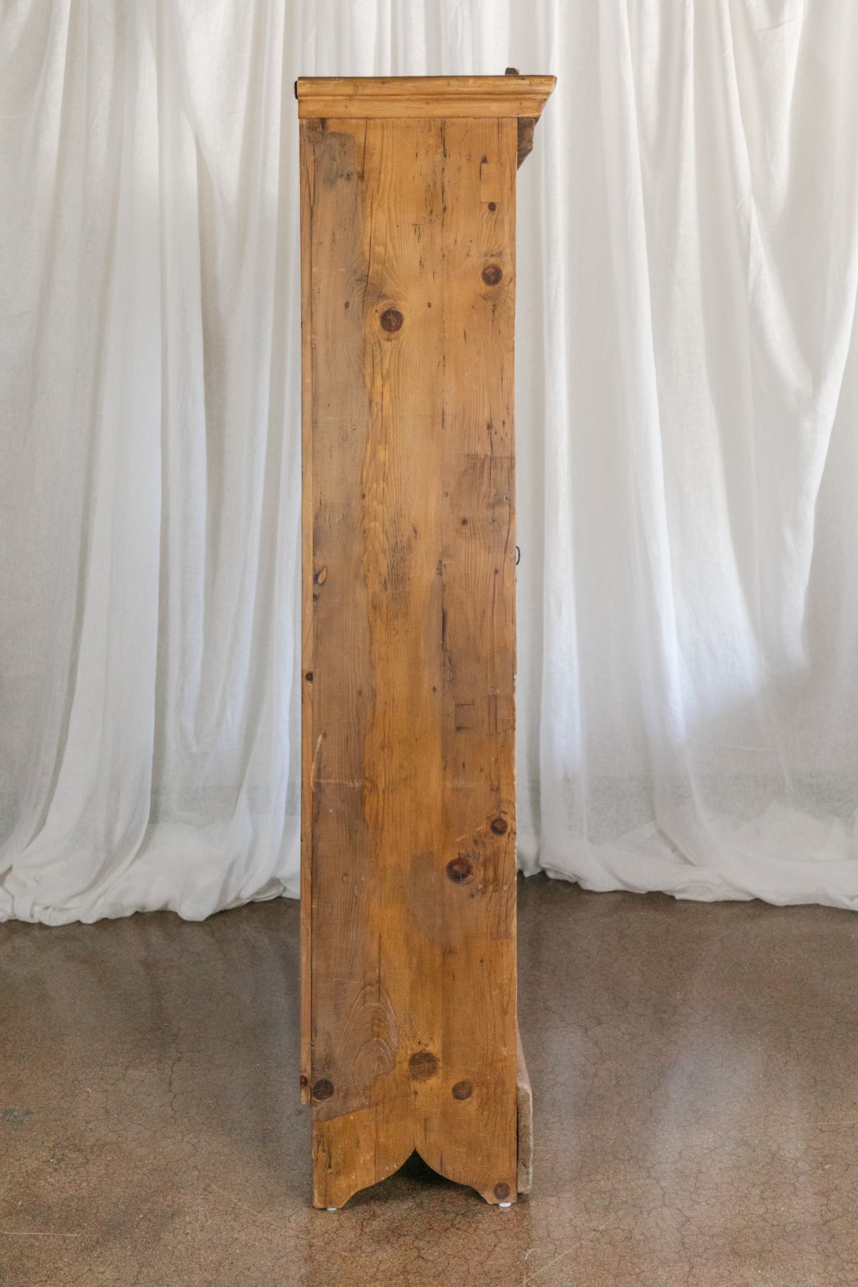 Antique European Pine Cabinet with Drawers and Carved Crest