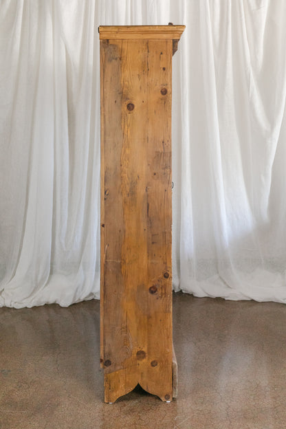 Antique European Pine Cabinet with Drawers and Carved Crest