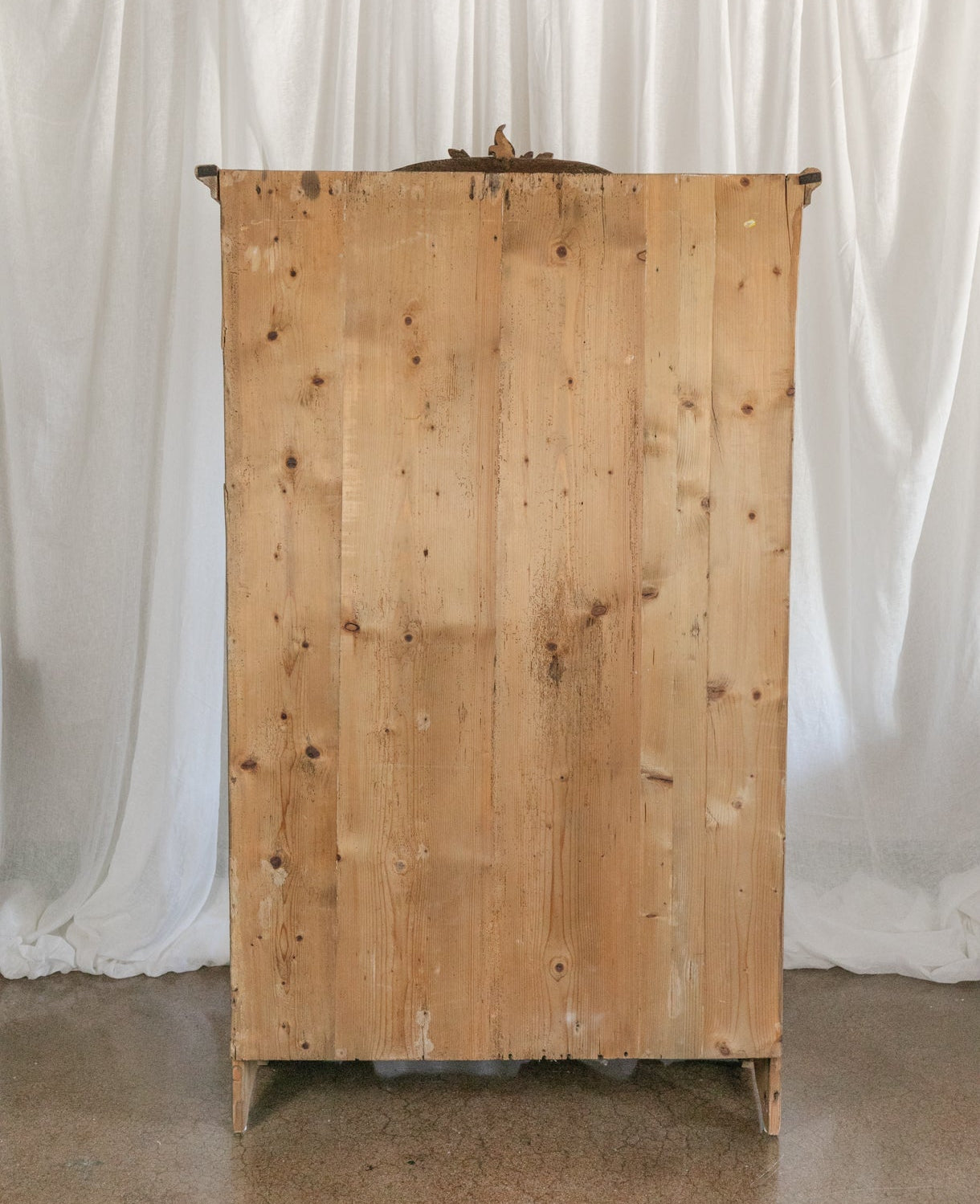 Antique European Pine Cabinet with Drawers and Carved Crest