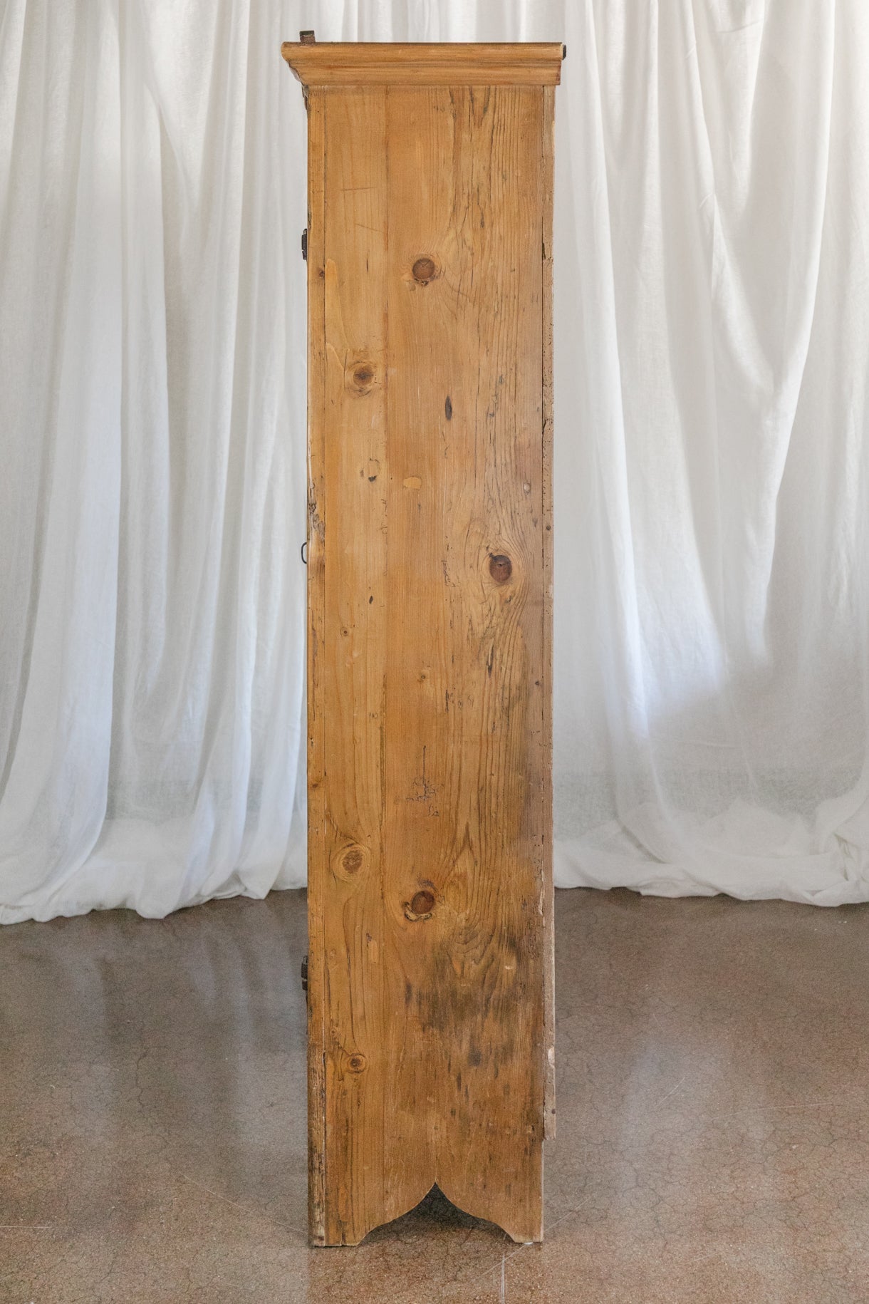 Antique European Pine Cabinet with Drawers and Carved Crest