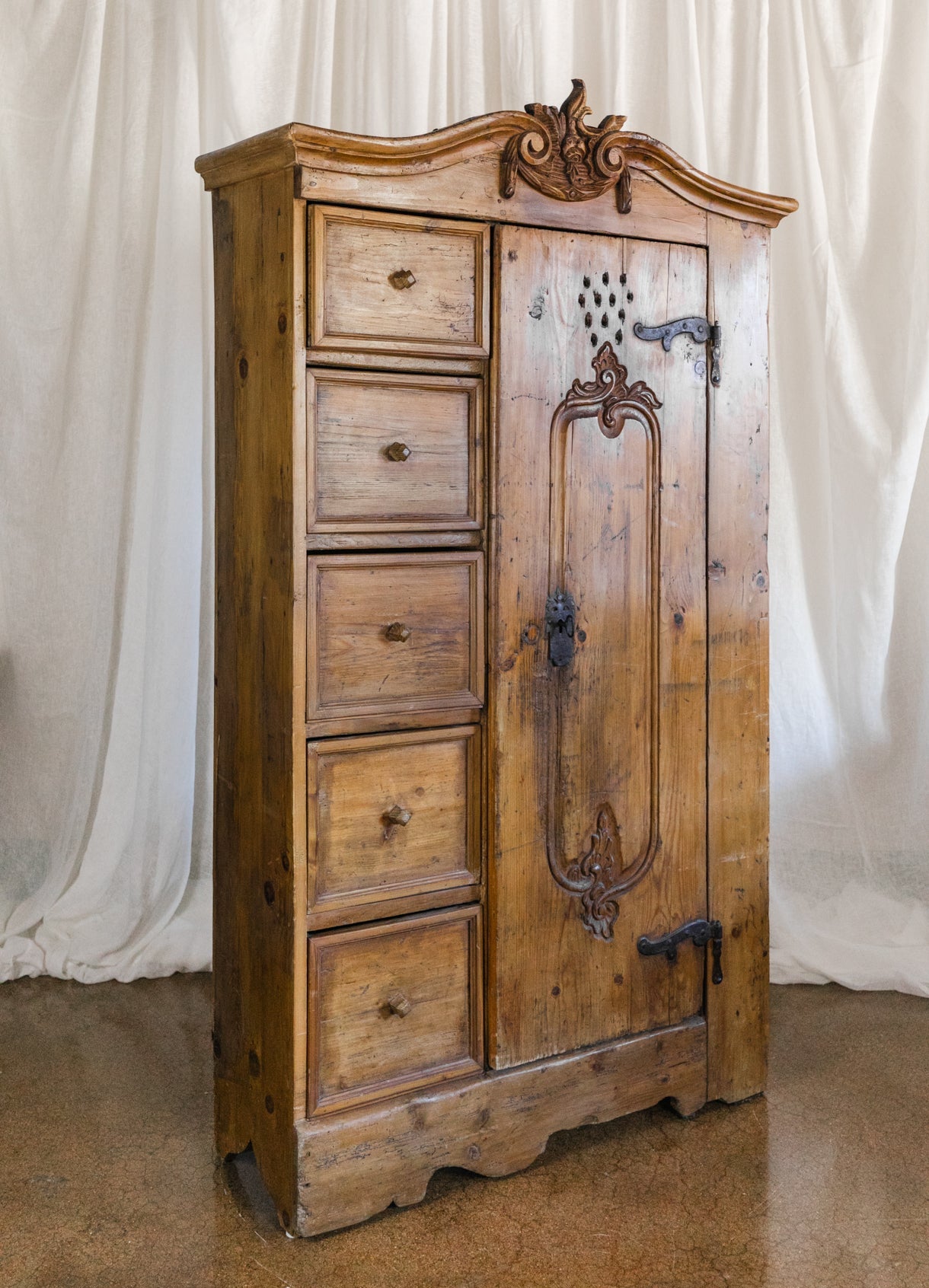 Antique European Pine Cabinet with Drawers and Carved Crest