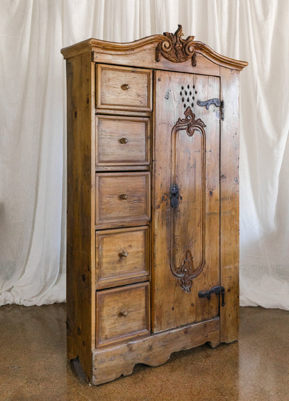 Antique European Pine Cabinet with Drawers and Carved Crest