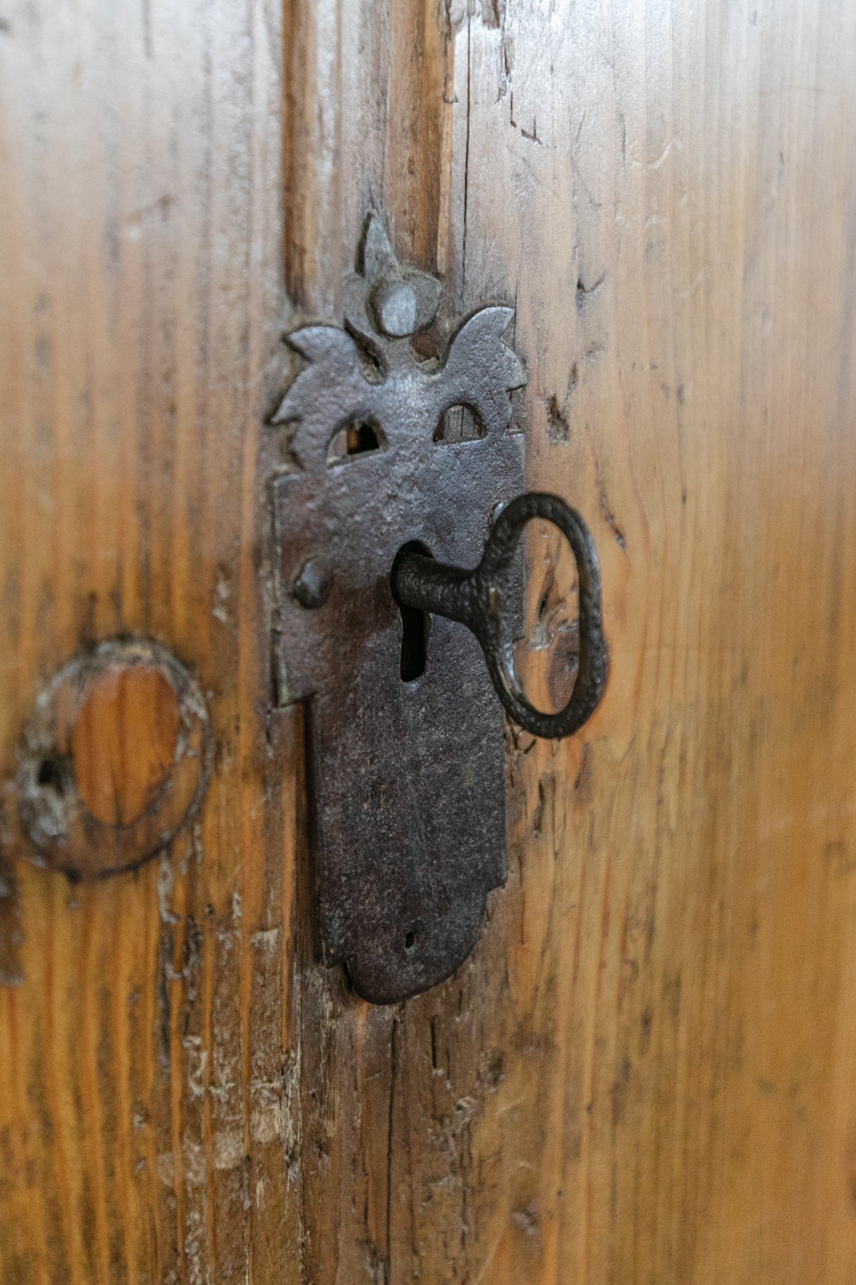 Antique European Pine Cabinet with Drawers and Carved Crest