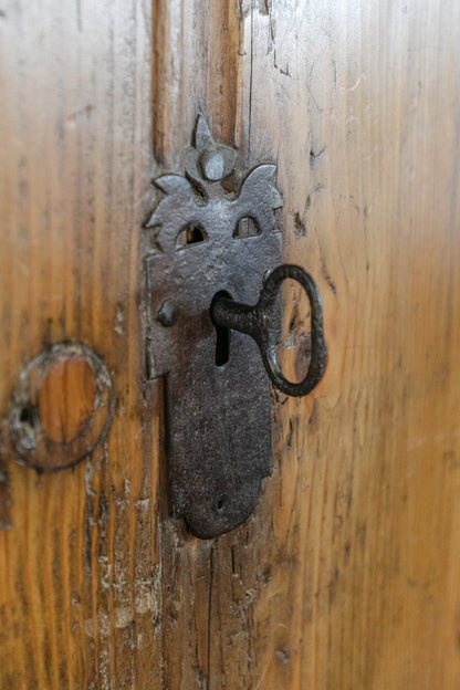 Antique European Pine Cabinet with Drawers and Carved Crest