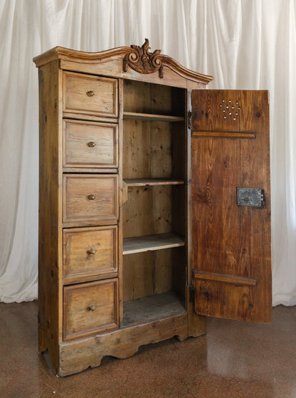 Antique European Pine Cabinet with Drawers and Carved Crest