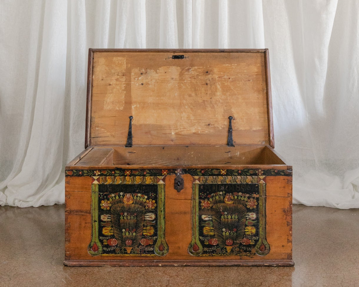 Antique Hand Painted Chest in Warm Ochre, Dated 1896