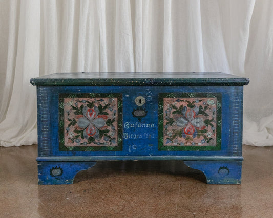 Antique Hand Painted Chest in Blue with Floral Motifs