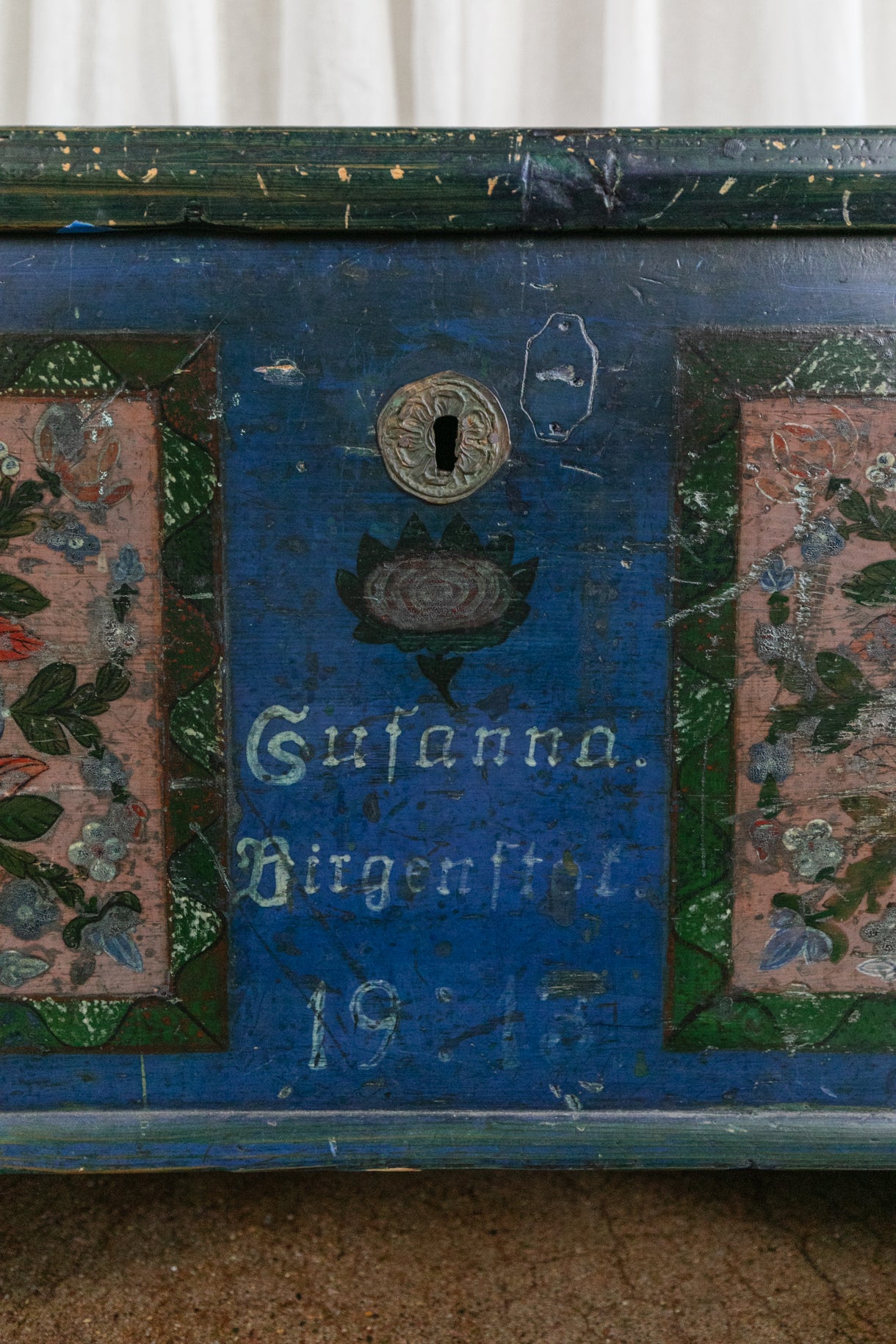 Antique Hand Painted Chest in Blue with Floral Motifs