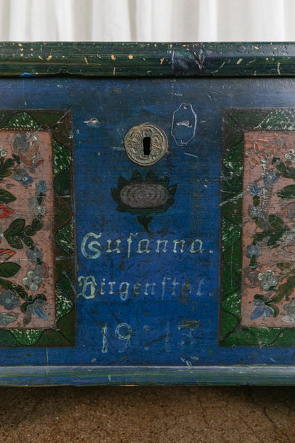 Antique Hand Painted Chest in Blue with Floral Motifs