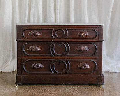 Three Drawer Walnut Chest with Carved Fruit Pulls and Marble Top on Casters - Mid to late 19th Century (Look for Sister Set)