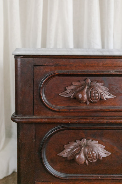 Three Drawer Walnut Chest with Carved Fruit Pulls and Marble Top on Casters - Mid to late 19th Century (Look for Sister Set)