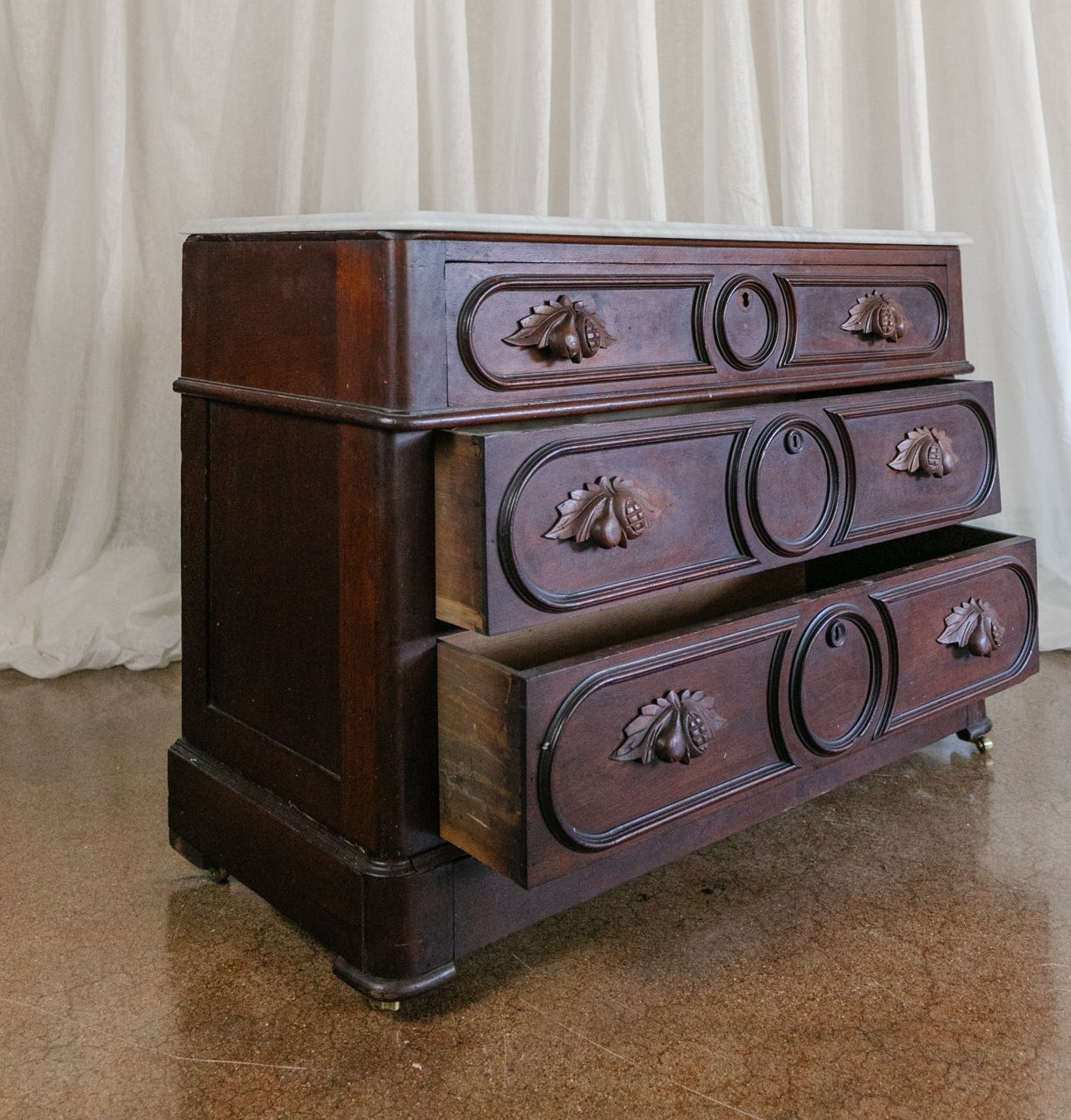 Three Drawer Walnut Chest with Carved Fruit Pulls and Marble Top on Casters - Mid to late 19th Century (Look for Sister Set)