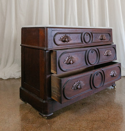 Three Drawer Walnut Chest with Carved Fruit Pulls and Marble Top on Casters - Mid to late 19th Century (Look for Sister Set)
